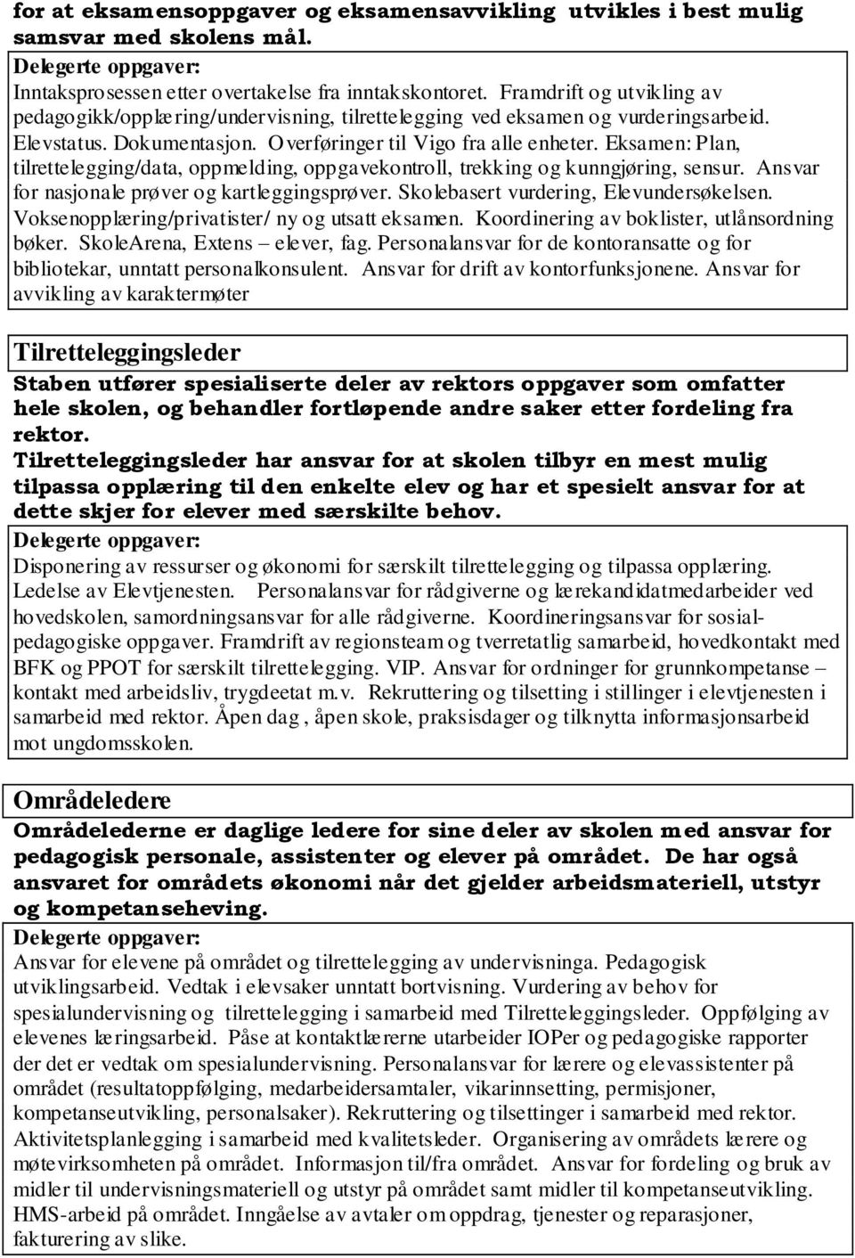 Eksamen: Plan, tilrettelegging/data, oppmelding, oppgavekontroll, trekking og kunngjøring, sensur. Ansvar for nasjonale prøver og kartleggingsprøver. Skolebasert vurdering, Elevundersøkelsen.