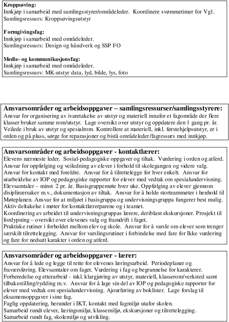 arbeidsoppgaver samlingsressurser/samlingsstyrere: Ansvar for organisering av ivaretakelse av utstyr og materiell innafor et fagområde der flere klasser bruker samme rom/utstyr.