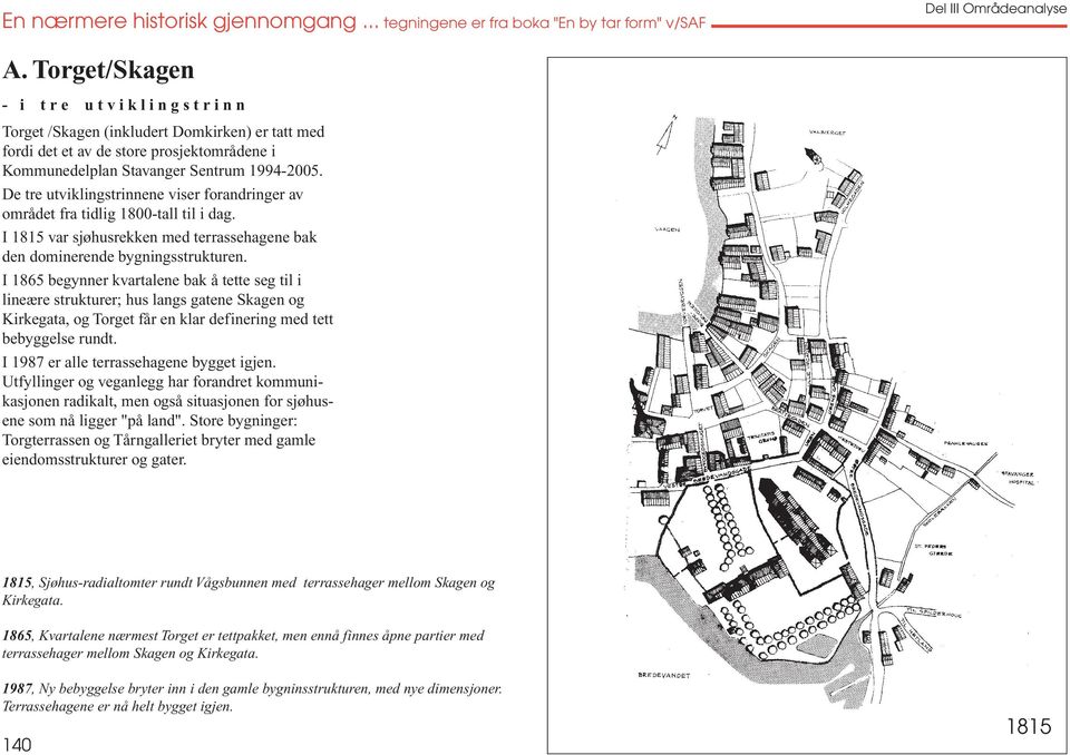 De tre utviklingstrinnene viser forandringer av området fra tidlig 1800-tall til i dag. I 1815 var sjøhusrekken med terrassehagene bak den dominerende bygningsstrukturen.