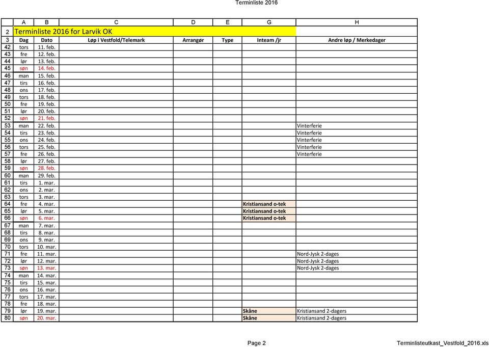 mar. ons. mar. tors. mar. fre 4. mar. Kristiansand o-tek lør 5. mar. Kristiansand o-tek søn 6. mar. Kristiansand o-tek man 7. mar. tirs 8. mar. ons 9. mar. tors 10. mar. fre 11. mar. Nord-Jysk -dages lør 1.