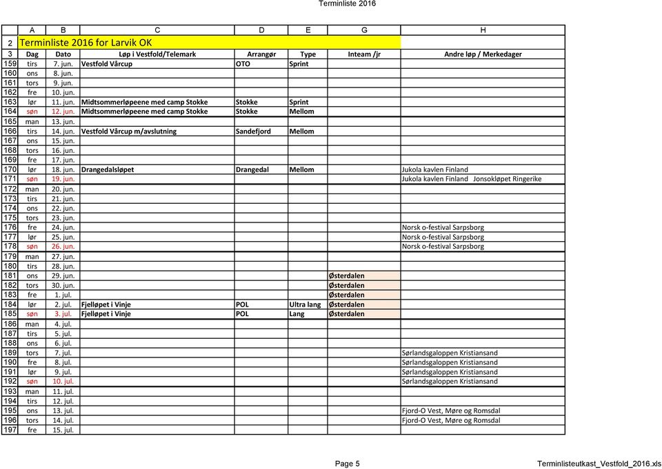 jun. tors 16. jun. fre 17. jun. lør 18. jun. Drangedalsløpet Drangedal Mellom Jukola kavlen Finland søn 19. jun. Jukola kavlen Finland Jonsokløpet Ringerike man 0. jun. tirs 1. jun. ons. jun. tors. jun. fre 4.