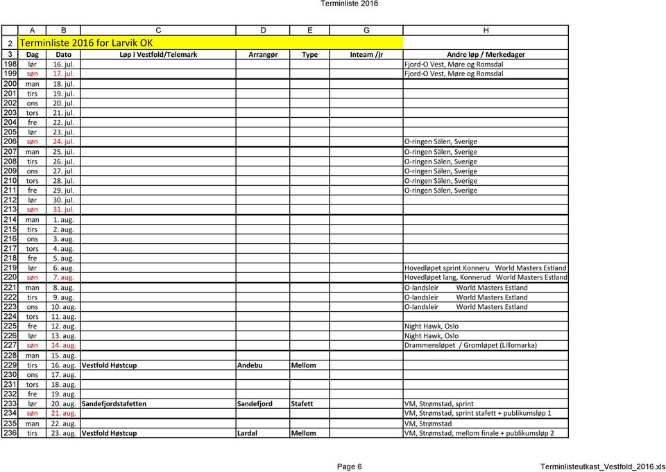 jul. O-ringen Sälen, Sverige fre 9. jul. O-ringen Sälen, Sverige lør 0. jul. søn 1. jul. man 1. aug. tirs. aug. ons. aug. tors 4. aug. fre 5. aug. lør 6. aug. Hovedløpet sprint Konneru World Masters Estland søn 7.