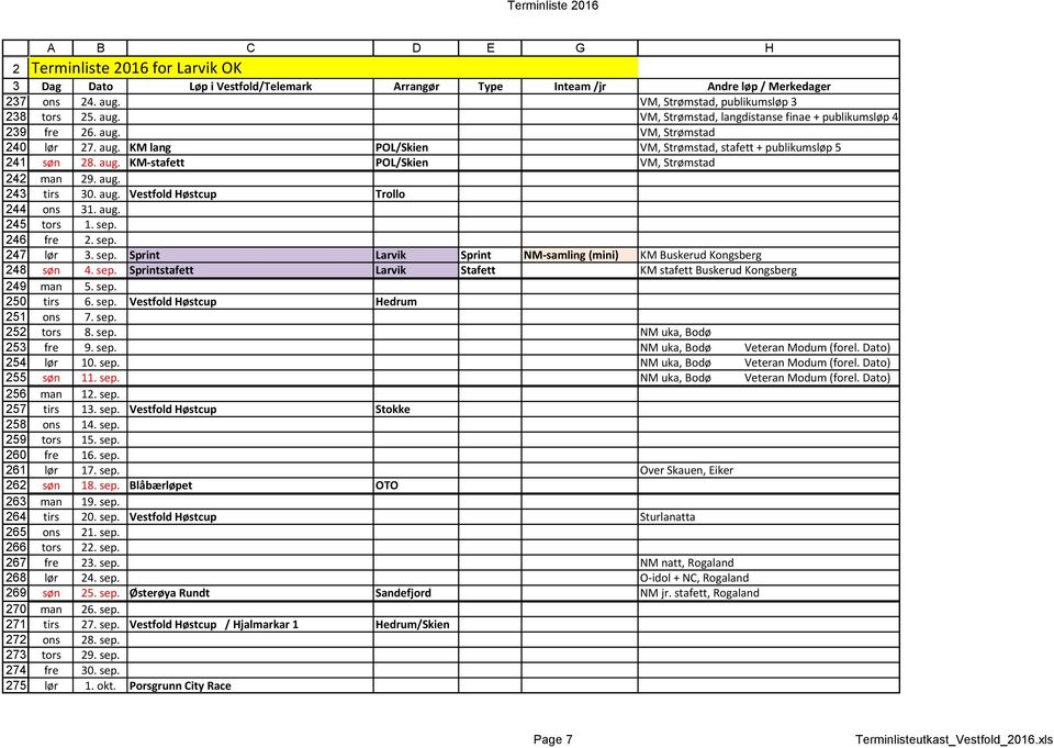 sep. fre. sep. lør. sep. Sprint Larvik Sprint NM-samling (mini) KM Buskerud Kongsberg søn 4. sep. Sprintstafett Larvik Stafett KM stafett Buskerud Kongsberg man 5. sep. tirs 6. sep. Vestfold Høstcup Hedrum ons 7.