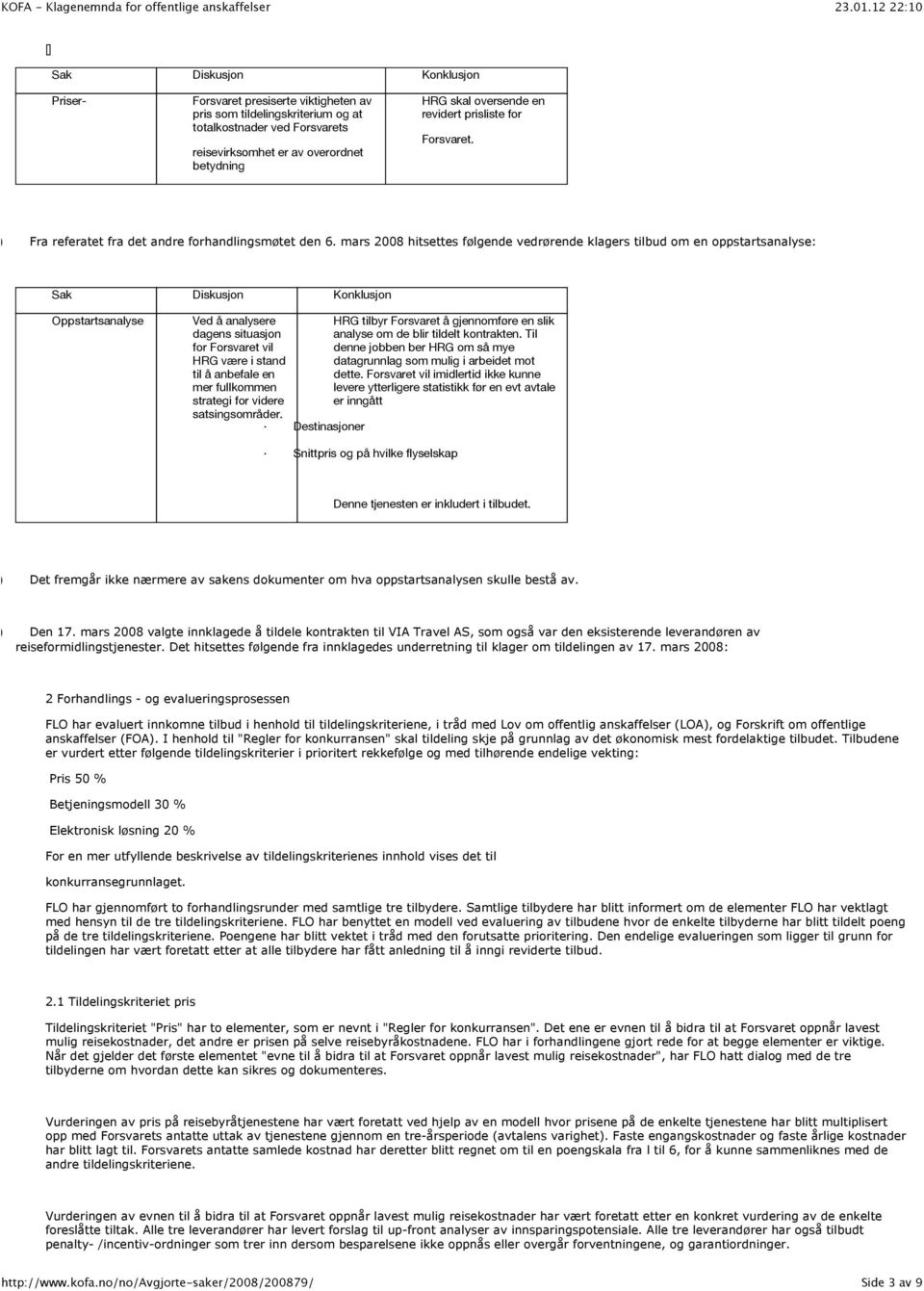 mars 2008 hitsettes følgende vedrørende klagers tilbud om en oppstartsanalyse: Sak Diskusjon Konklusjon Oppstartsanalyse Ved å analysere dagens situasjon for Forsvaret vil HRG være i stand til å