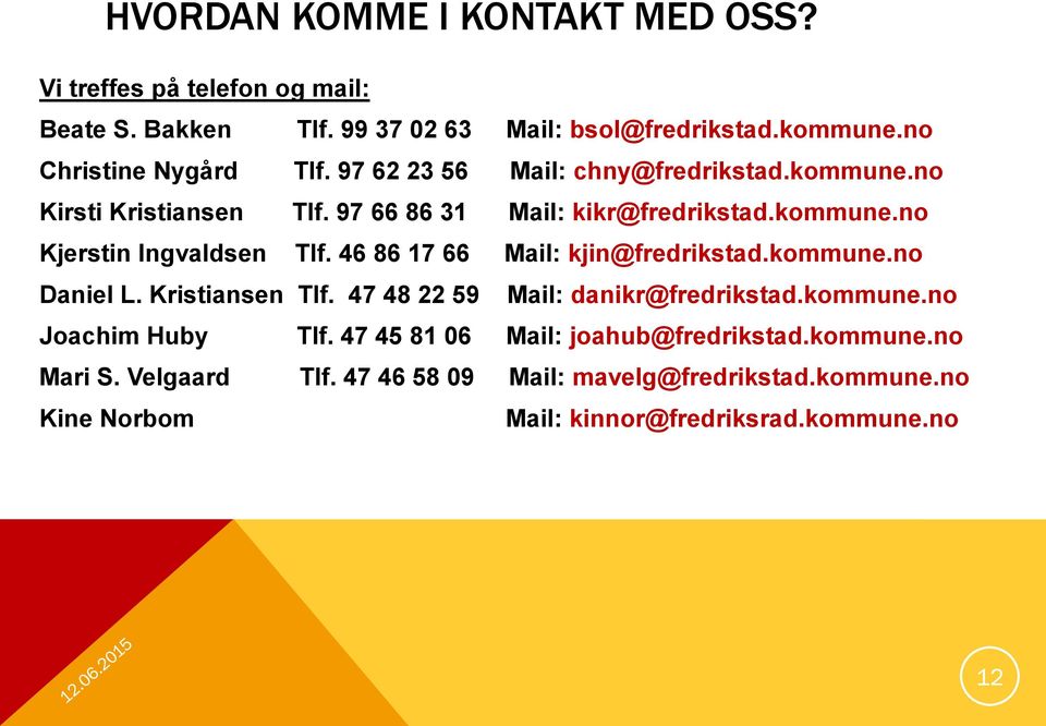 46 86 17 66 Mail: kjin@fredrikstad.kommune.no Daniel L. Kristiansen Tlf. 47 48 22 59 Mail: danikr@fredrikstad.kommune.no Joachim Huby Tlf.