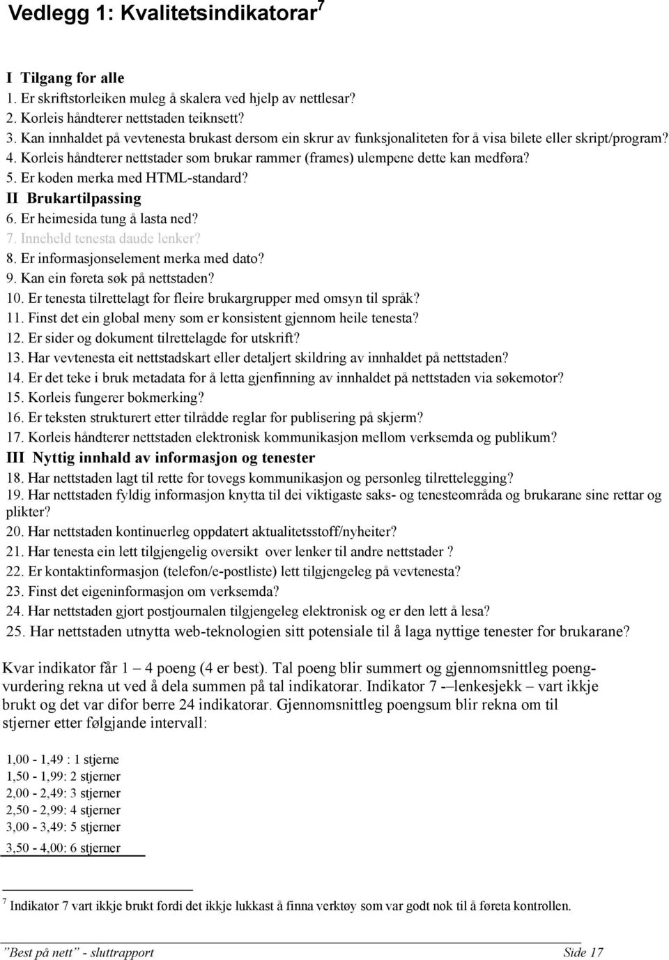 5. Er koden merka med HTML-standard? II Brukartilpassing 6. Er heimesida tung å lasta ned? 7. Inneheld tenesta daude lenker? 8. Er informasjonselement merka med dato? 9.