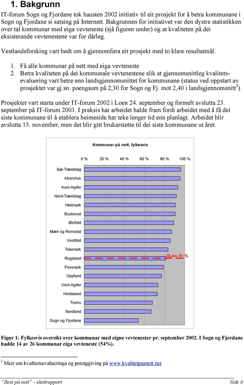 Vestlandsforsking vart bedt om å gjennomføra eit prosjekt med to klare resultatmål: 1. Få alle kommunar på nett med eiga vevteneste 2.