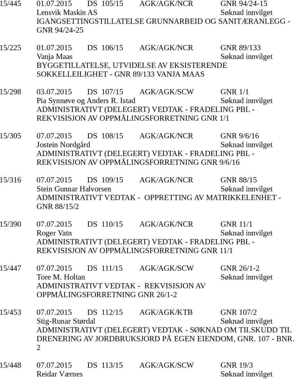 07.2015 DS 109/15 AGK/AGK/NCR GNR 88/15 Stein Gunnar Halvorsen ADMINISTRATIVT VEDTAK - OPPRETTING AV MATRIKKELENHET - GNR 88/15/2 15/390 07.07.2015 DS 110/15 AGK/AGK/NCR GNR 11/1 Roger Vatn REKVISISJON AV OPPMÅLINGSFORRETNING GNR 11/1 15/447 07.