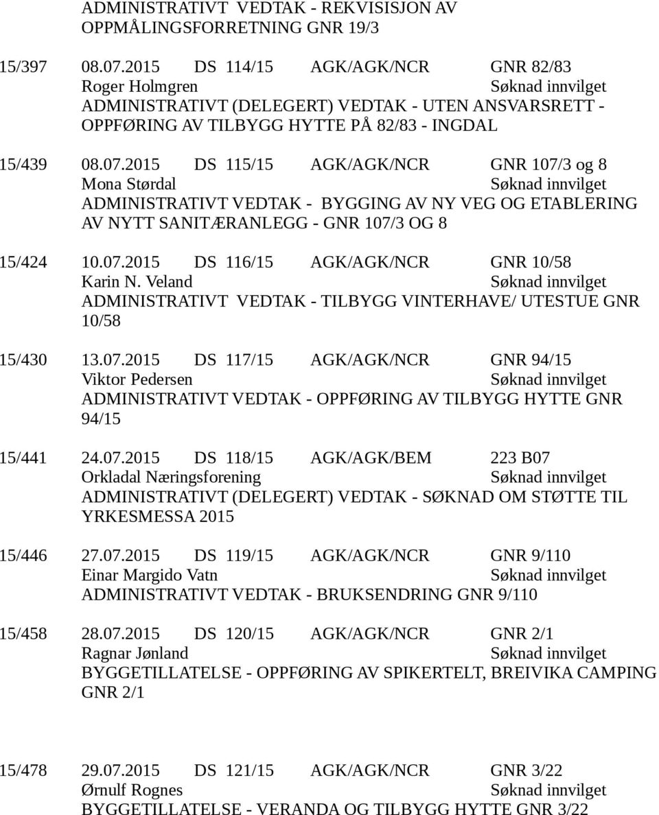 2015 DS 115/15 AGK/AGK/NCR GNR 107/3 og 8 Mona Størdal ADMINISTRATIVT VEDTAK - BYGGING AV NY VEG OG ETABLERING AV NYTT SANITÆRANLEGG - GNR 107/3 OG 8 15/424 10.07.2015 DS 116/15 AGK/AGK/NCR GNR 10/58 Karin N.