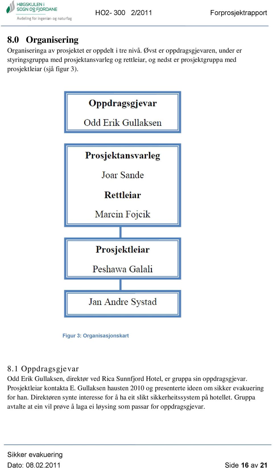 Figur 3: Organisasjonskart 8.1 Oppdragsgjevar Odd Erik Gullaksen, direktør ved Rica Sunnfjord Hotel, er gruppa sin oppdragsgjevar. Prosjektleiar kontakta E.