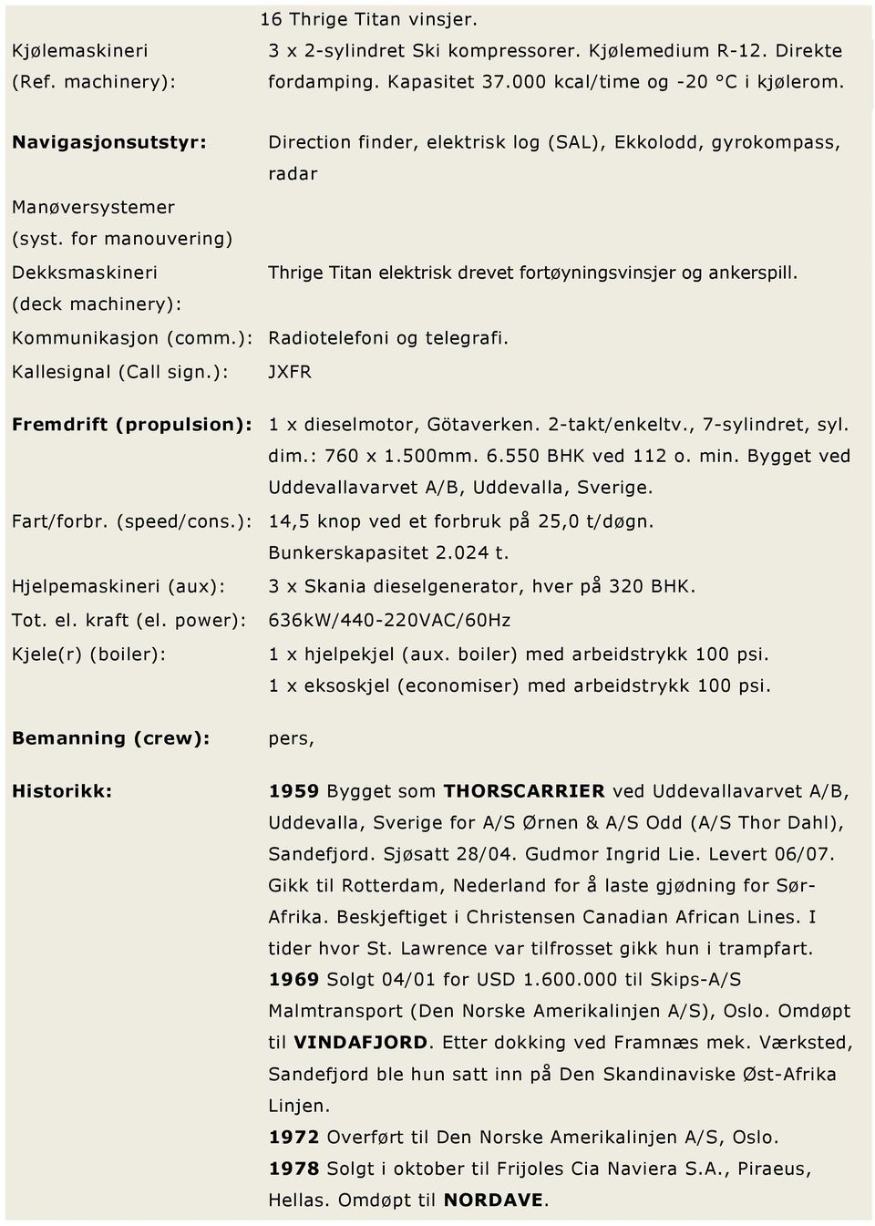 for manouvering) Dekksmaskineri (deck machinery): Thrige Titan elektrisk drevet fortøyningsvinsjer og ankerspill. Kommunikasjon (comm.): Radiotelefoni og telegrafi. Kallesignal (Call sign.