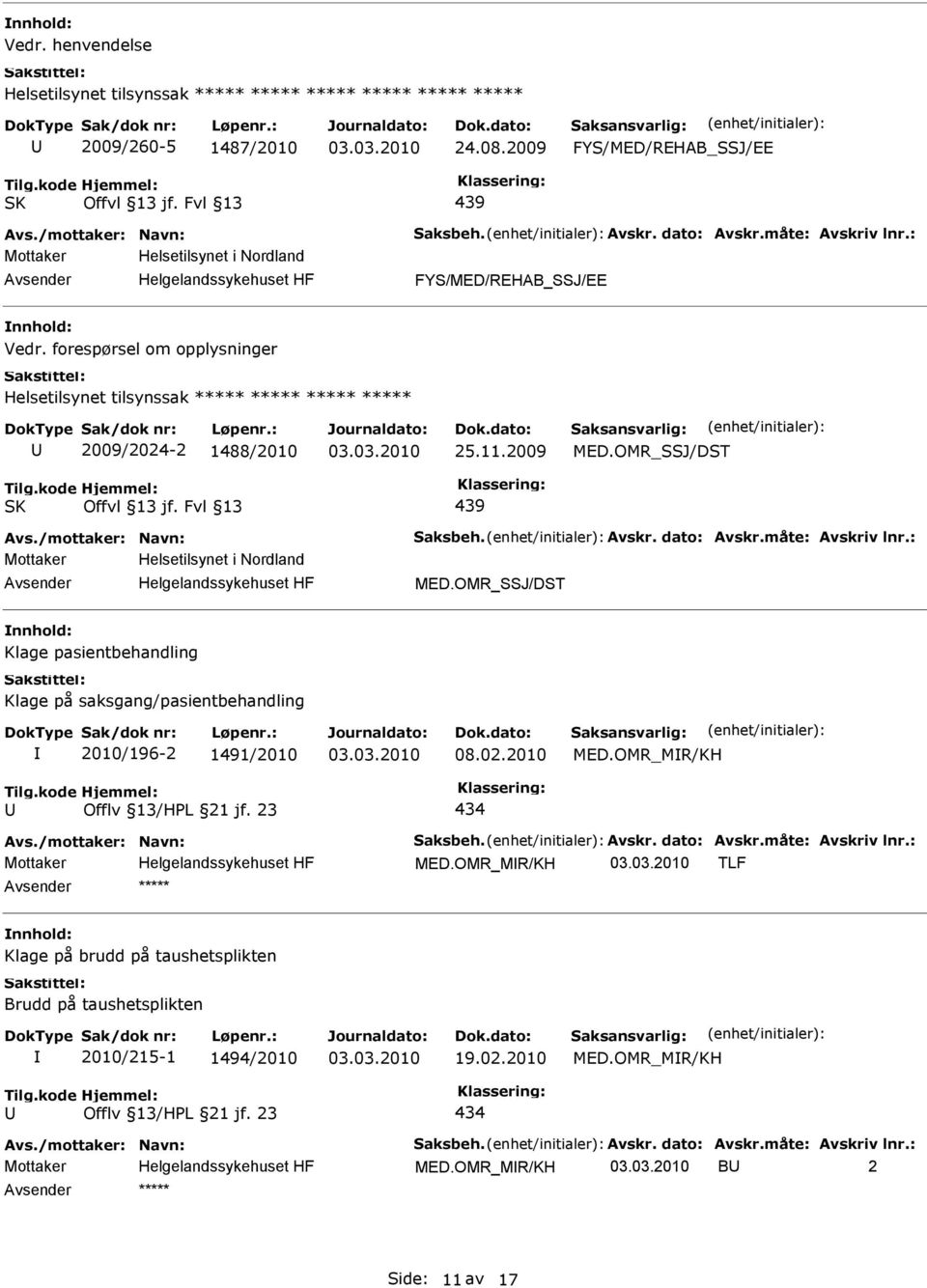 11.2009 MED.OMR_SSJ/DST 439 MED.OMR_SSJ/DST Klage pasientbehandling Klage på saksgang/pasientbehandling 2010/196-2 1491/2010 08.02.2010 MED.