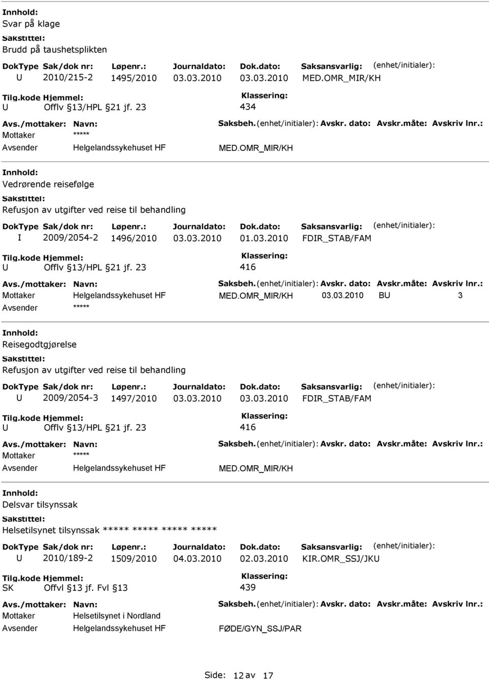 OMR_MR/KH B 3 ***** Reisegodtgjørelse Refusjon av utgifter ved reise til behandling 2009/2054-3 1497/2010 FDR_STAB/FAM Offlv 13/HPL 21 jf.