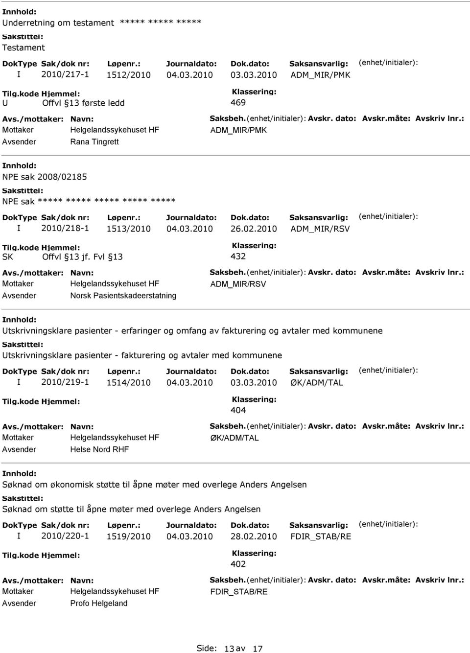 2010 ADM_MR/RSV ADM_MR/RSV Norsk Pasientskadeerstatning tskrivningsklare pasienter - erfaringer og omfang av fakturering og avtaler med kommunene tskrivningsklare pasienter -