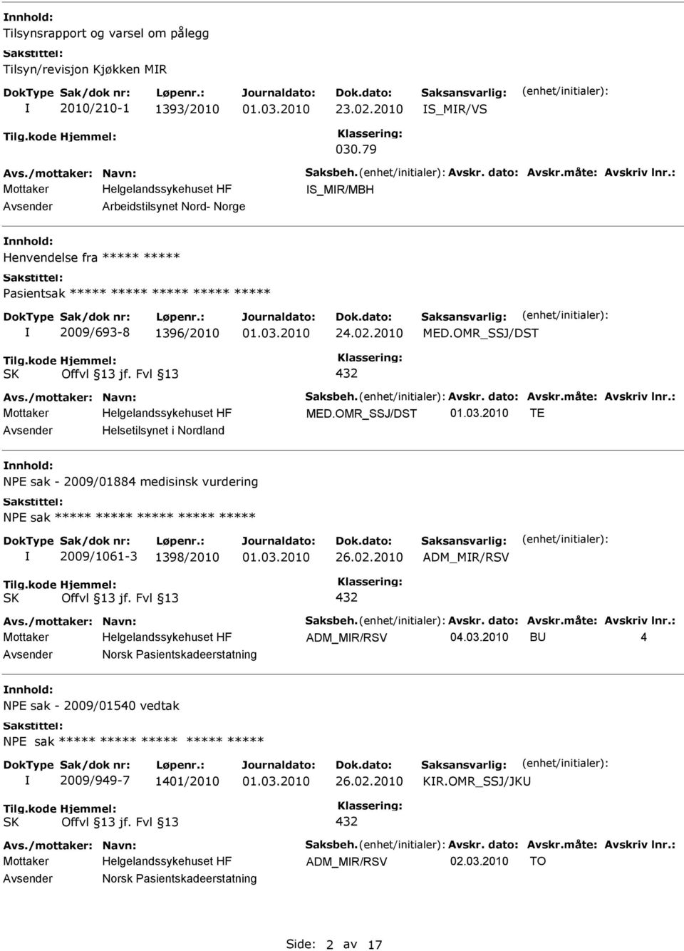 OMR_SSJ/DST TE Helsetilsynet i Nordland NPE sak - 2009/01884 medisinsk vurdering NPE sak ***** ***** ***** ***** ***** 2009/1061-3 1398/2010 26.02.