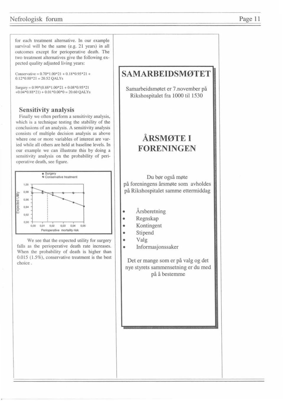 95*21 +0.04*0.88*21) + 0.01*0.00*0 = 20.60 QALYs Sensitivity analysis Finally wc oftcn perform a sensitiv it y analysis, which is a technique testing the stability of the conclusions of an analysis.