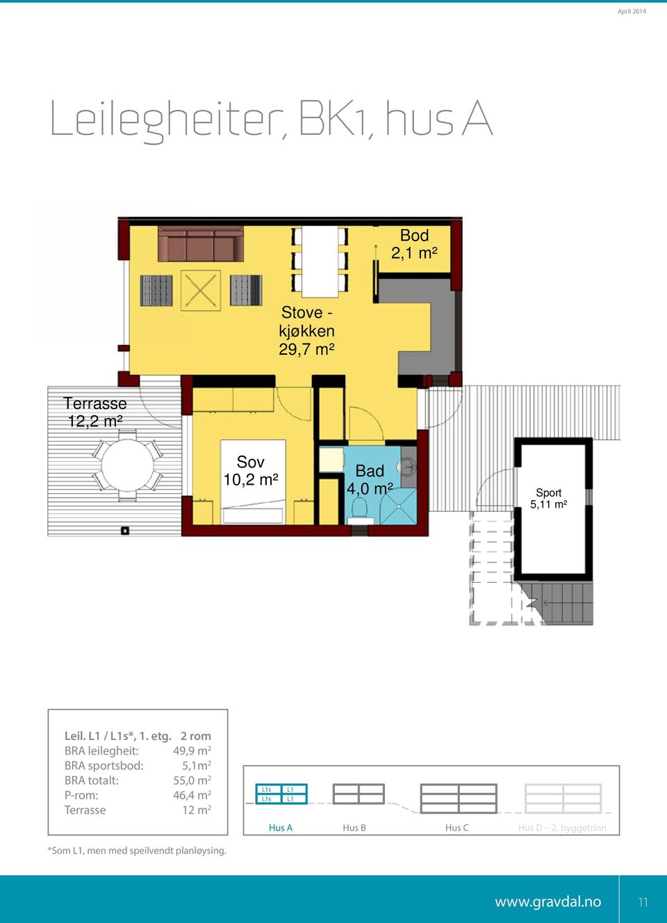 2 rom BRA leilegheit: 49,9 m 2 BRA sportsbod: 5,1m 2 BRA totalt: 55,0 m 2 P-rom: 46,4 m 2 L1