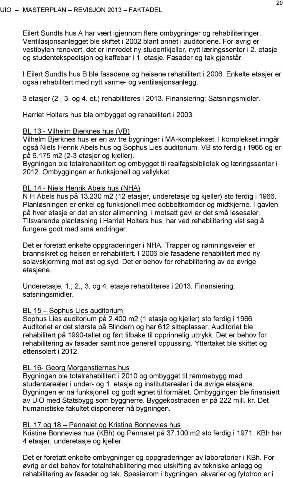 I Eilert Sundts hus B ble fasadene og heisene rehabilitert i 2006. Enkelte etasjer er også rehabilitert med nytt varme- og ventilasjonsanlegg. 3 etasjer (2., 3. og 4. et.) rehabiliteres i 2013.