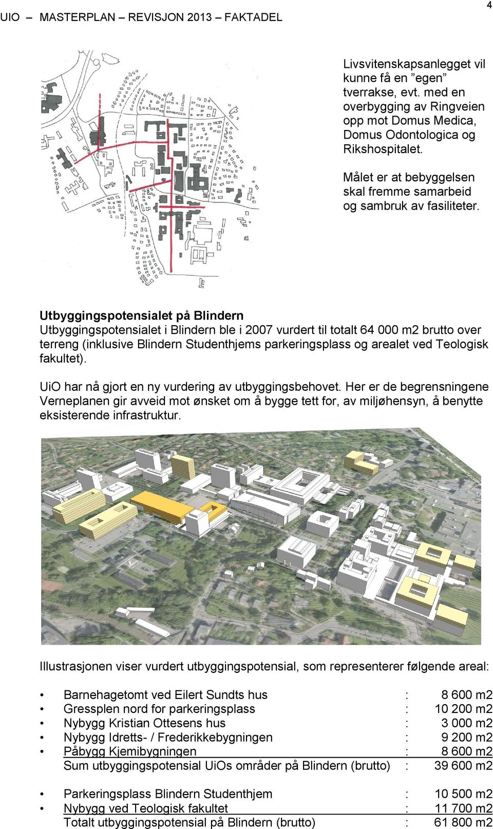 Utbyggingspotensialet på Blindern Utbyggingspotensialet i Blindern ble i 2007 vurdert til totalt 64 000 m2 brutto over terreng (inklusive Blindern Studenthjems parkeringsplass og arealet ved