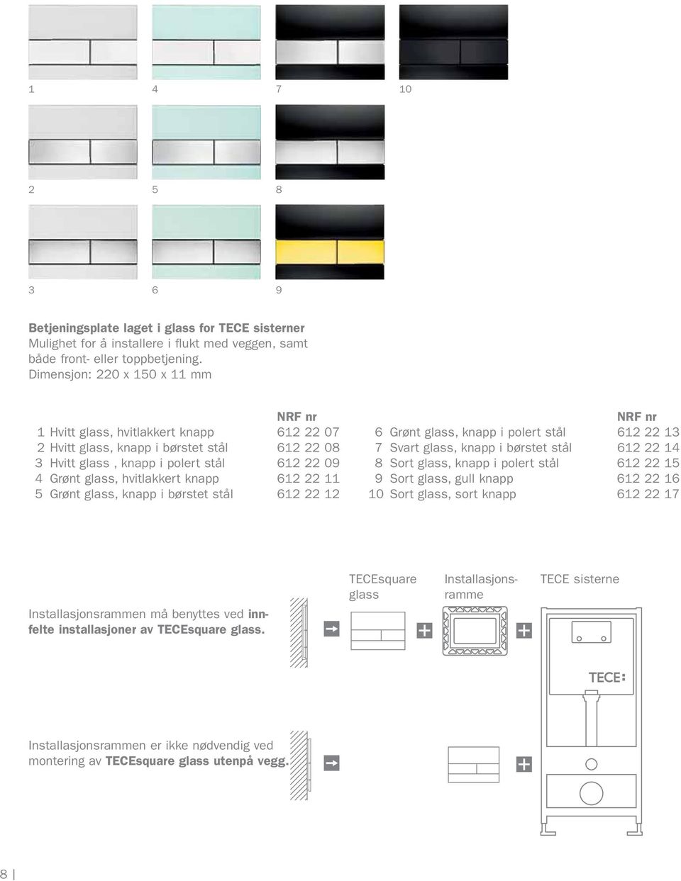 knapp 612 22 11 5 Grønt glass, knapp i børstet stål 612 22 12 NRF nr 6 Grønt glass, knapp i polert stål 612 22 13 7 Svart glass, knapp i børstet stål 612 22 14 8 Sort glass, knapp i polert stål 612