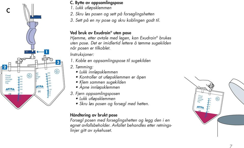 Exudrain uten pose Hjemme, etter avtale med legen, kan Exudrain brukes uten pose. Det er imidlertid lettere å tømme sugekilden når posen er tilkoblet. Instruksjoner: 1.