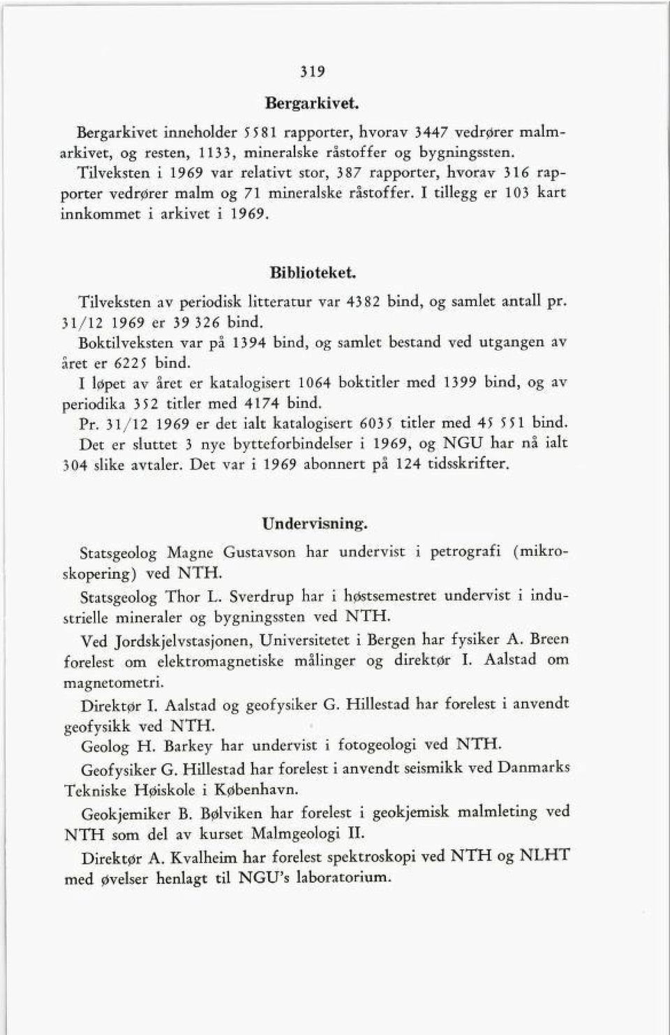 Tilveksten av periodisk litteratur var 4382 bind, og samlet antall pr. 31/12 1969 er 39 326 bind. Boktilveksten var på 1394 bind, og samlet bestand ved utgangen av året er 6225 bind.