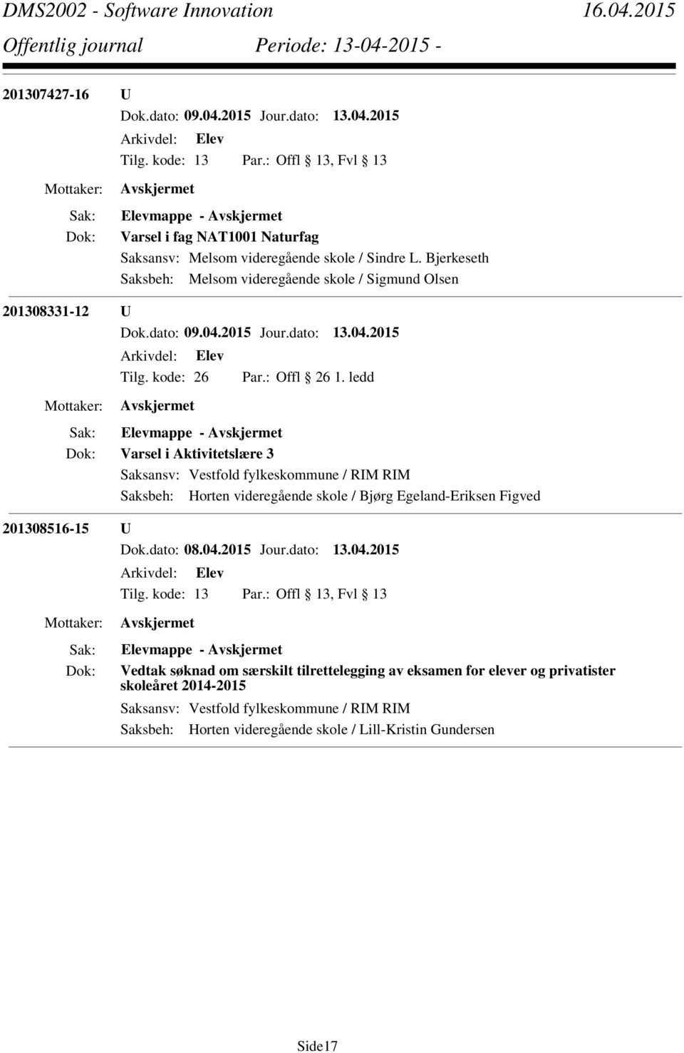 ledd Elevmappe - Varsel i Aktivitetslære 3 Saksbeh: Horten videregående skole / Bjørg Egeland-Eriksen Figved 201308516-15 U Dok.dato: 08.04.2015 Jour.dato: 13.