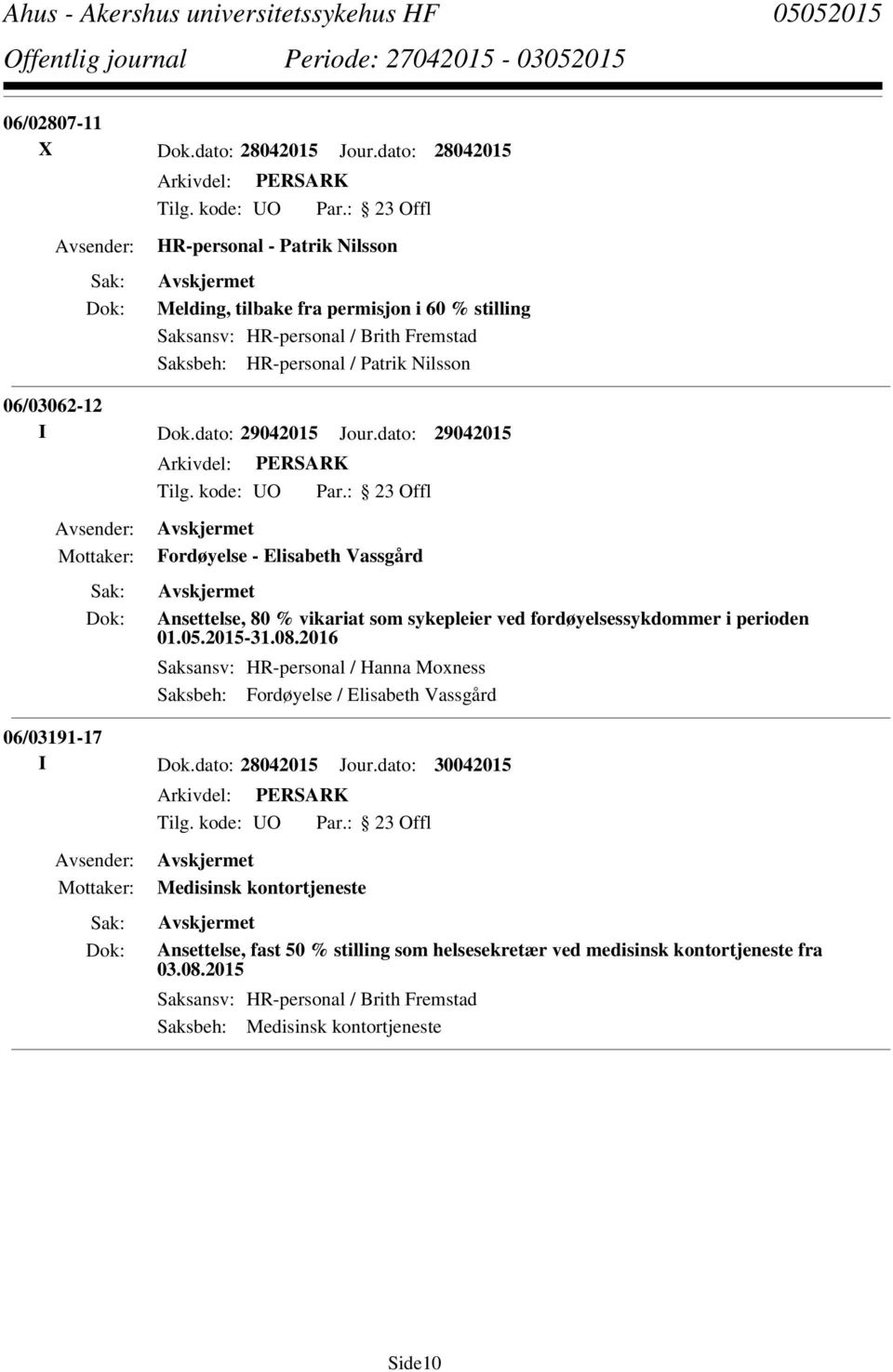 I Dok.dato: 29042015 Jour.dato: 29042015 Fordøyelse - Elisabeth Vassgård Ansettelse, 80 % vikariat som sykepleier ved fordøyelsessykdommer i perioden 01.05.2015-31.08.