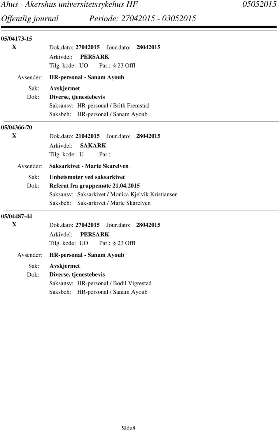 Dok.dato: 21042015 Jour.dato: 28042015 Tilg. kode: U Par.: Saksarkivet - Marte Skarelven Enhetsmøter ved saksarkivet Referat fra gruppemøte 21.04.2015 Saksansv: Saksarkivet / Monica Kjelvik Kristiansen Saksbeh: Saksarkivet / Marte Skarelven 05/04487-44 X Dok.