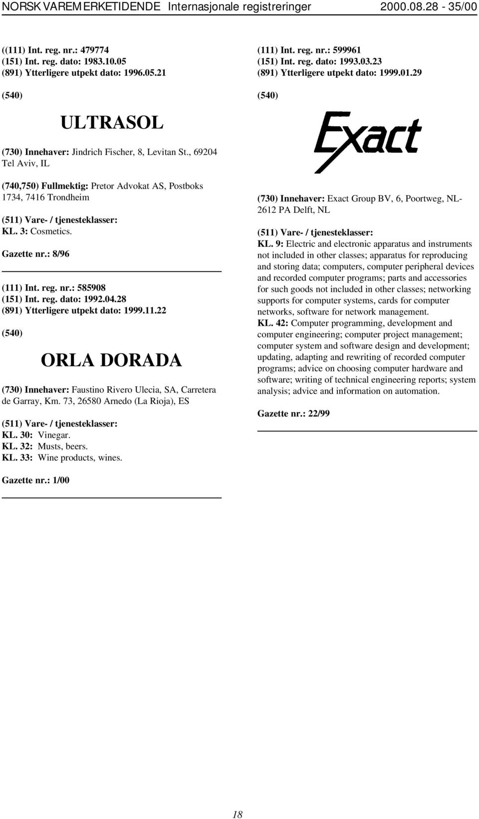 3: Cosmetics. Gazette nr.: 8/96 (111) Int. reg. nr.: 585908 (151) Int. reg. dato: 1992.04.28 (891) Ytterligere utpekt dato: 1999.11.22 ORLA DORADA (730) Innehaver: Faustino Rivero Ulecia, SA, Carretera de Garray, Km.