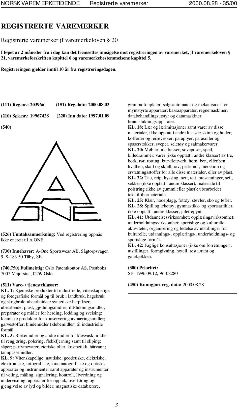 varemerkeforskriften kapittel 6 og varemerkebestemmelsene kapittel 5. Registreringen gjelder inntil 10 år fra registreringsdagen. (111) Reg.nr.: 203966 (151) Reg.dato: 2000.08.03 (210) Søk.nr.: 19967428 (220) Inn dato: 1997.