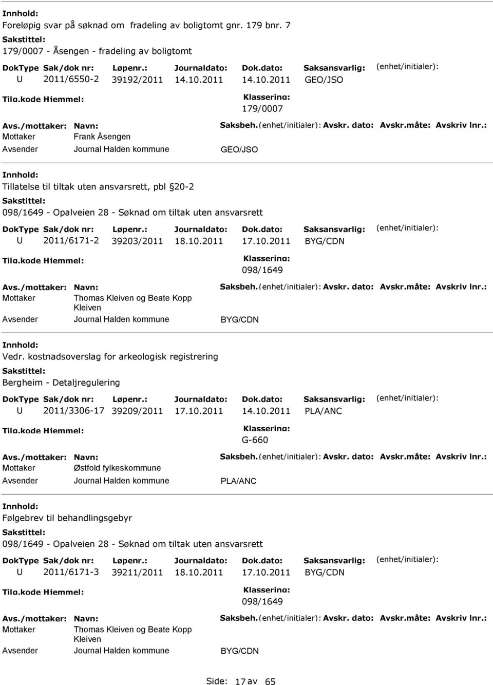 28 - Søknad om tiltak uten ansvarsrett 2011/6171-2 39203/2011 BYG/CDN 098/1649 Thomas Kleiven og Beate Kopp Kleiven BYG/CDN Vedr.