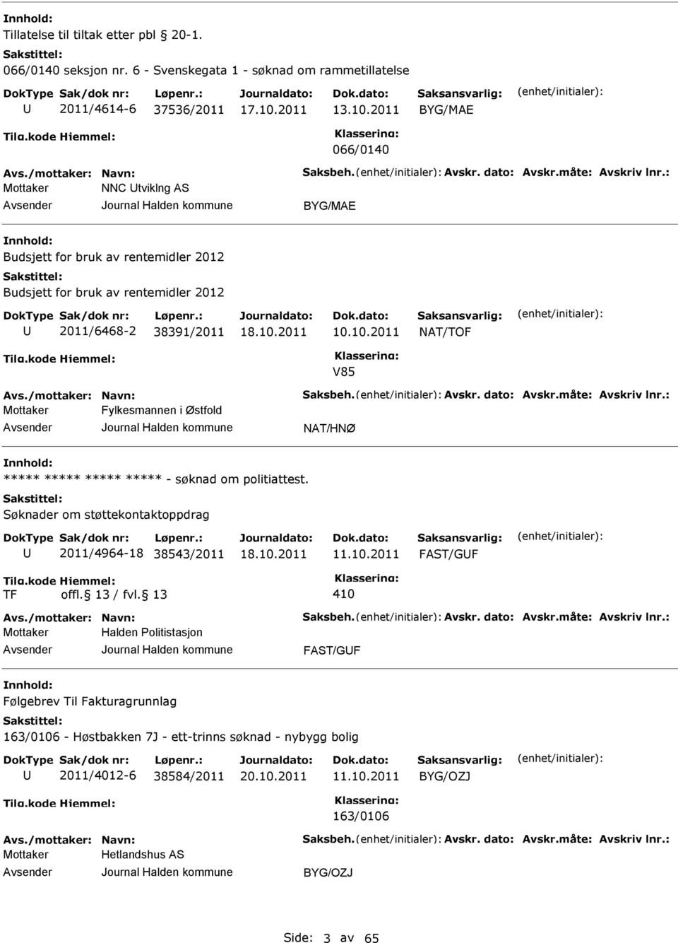 10.2011 NAT/TOF V85 Fylkesmannen i Østfold NAT/HNØ - søknad om politiattest. Søknader om støttekontaktoppdrag 2011/4964-18 38543/2011 11.10.2011 FAST/GF TF 410