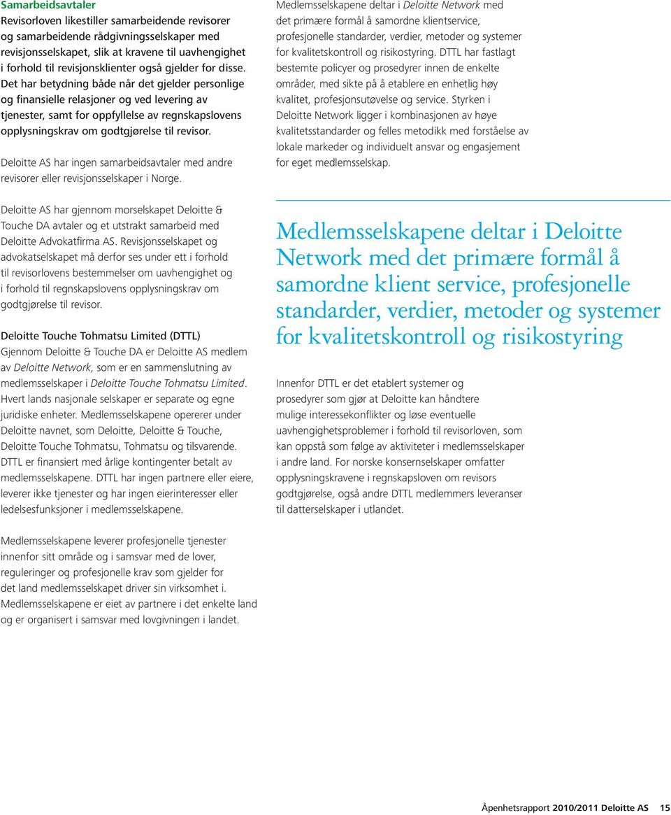 Deloitte AS har ingen samarbeidsavtaler med andre er eller revisjonsselskaper i Norge.