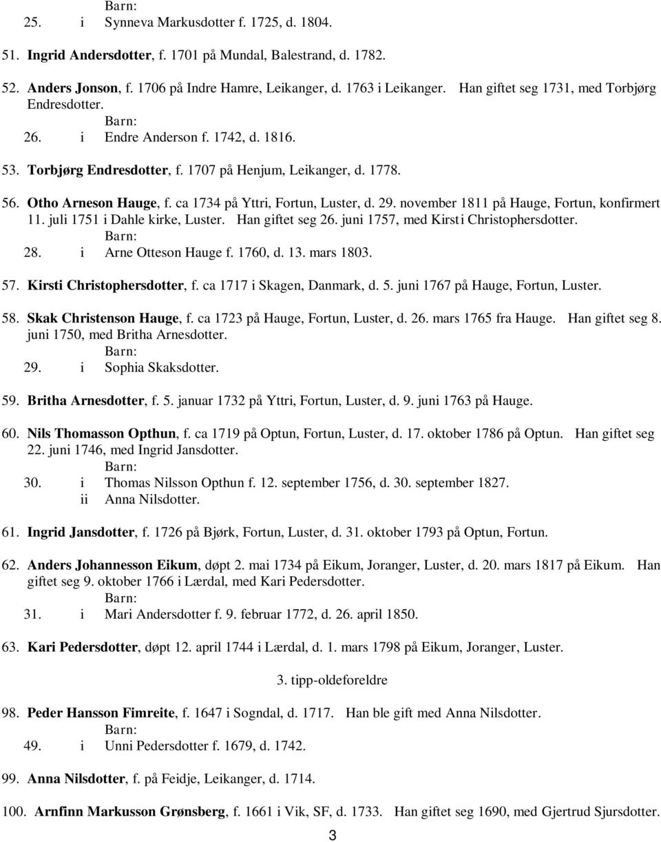 ca 1734 på Yttri, Fortun, Luster, d. 29. november 1811 på Hauge, Fortun, konfirmert 11. juli 1751 i Dahle kirke, Luster. Han giftet seg 26. juni 1757, med Kirsti Christophersdotter. 28.