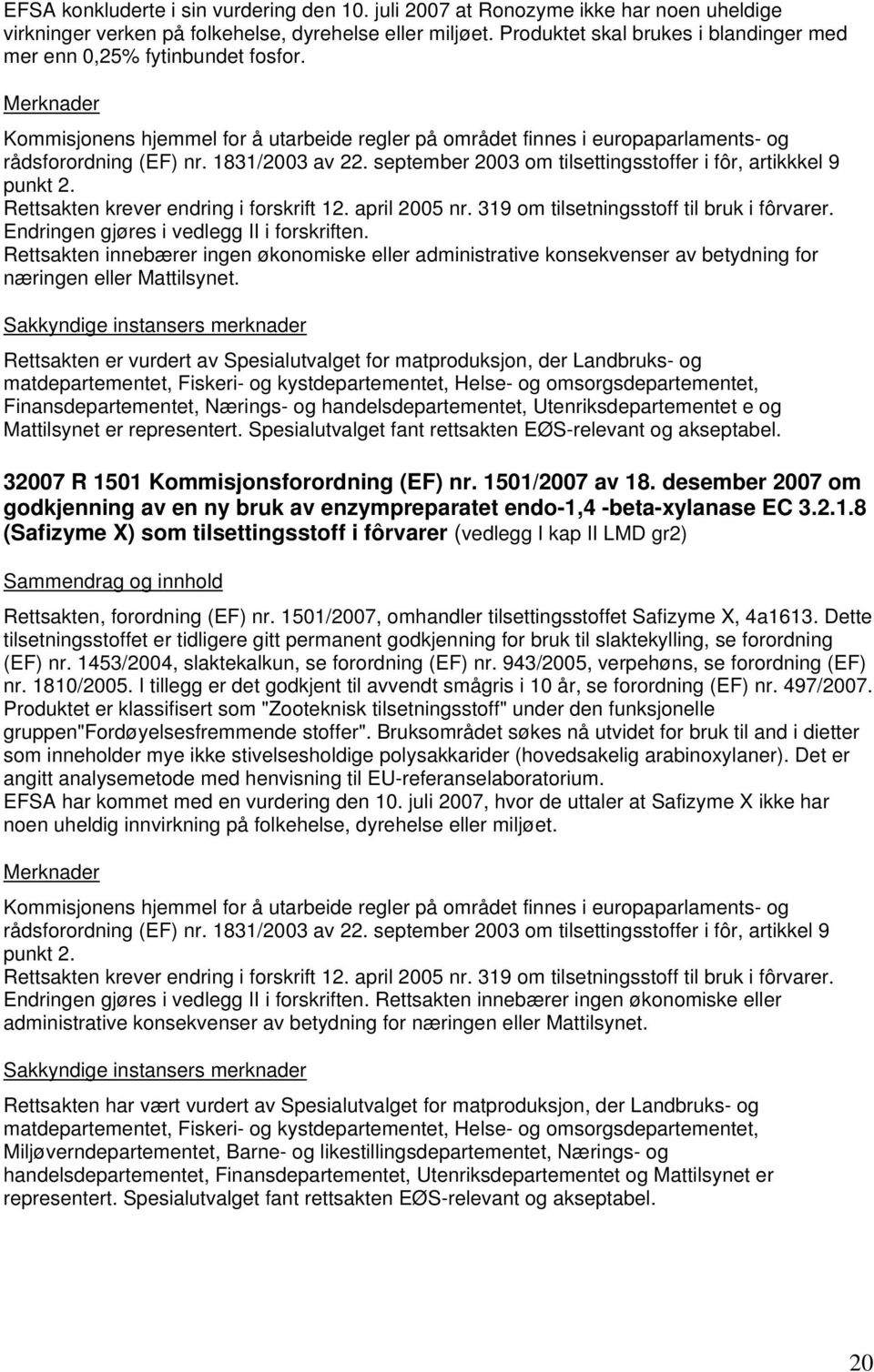 september 2003 om tilsettingsstoffer i fôr, artikkkel 9 punkt 2. Rettsakten krever endring i forskrift 12. april 2005 nr. 319 om tilsetningsstoff til bruk i fôrvarer.