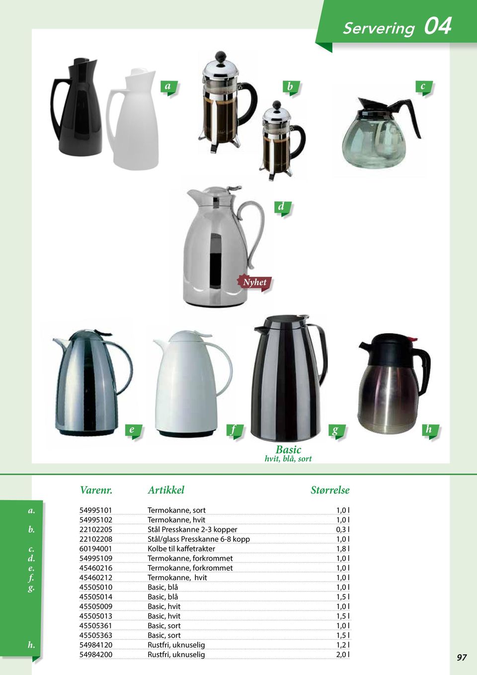 Stål/glss Pressknne 6-8 kopp 1,0 l 60194001 Kole til ketrkter 1,8 l 54995109 Termoknne, orkrommet 1,0 l 45460216 Termoknne, orkrommet 1,0