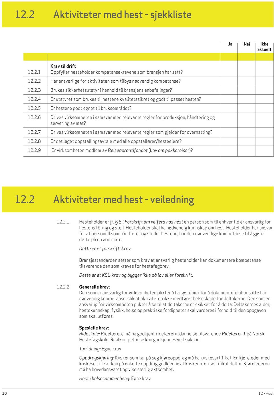 12.2.6 Drives virksomheten i samsvar med relevante regler for produksjon, håndtering og servering av mat? 12.2.7 Drives virksomheten i samsvar med relevante regler som gjelder for overnatting? 12.2.8 Er det laget oppstallingsavtale med alle oppstallører/hesteeiere?