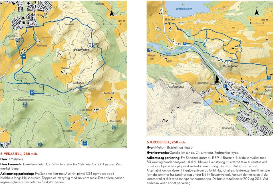 Det er flere parkeringsmuligheter i nærheten av Skiskytterbanen. 6. KROSSFJELL, 258 moh. Hvor: Mellom Bråstein og Figgjo. Hvor krevende: Ganske lett tur, ca. 2 t. tur/retur. Rødmerket løype.