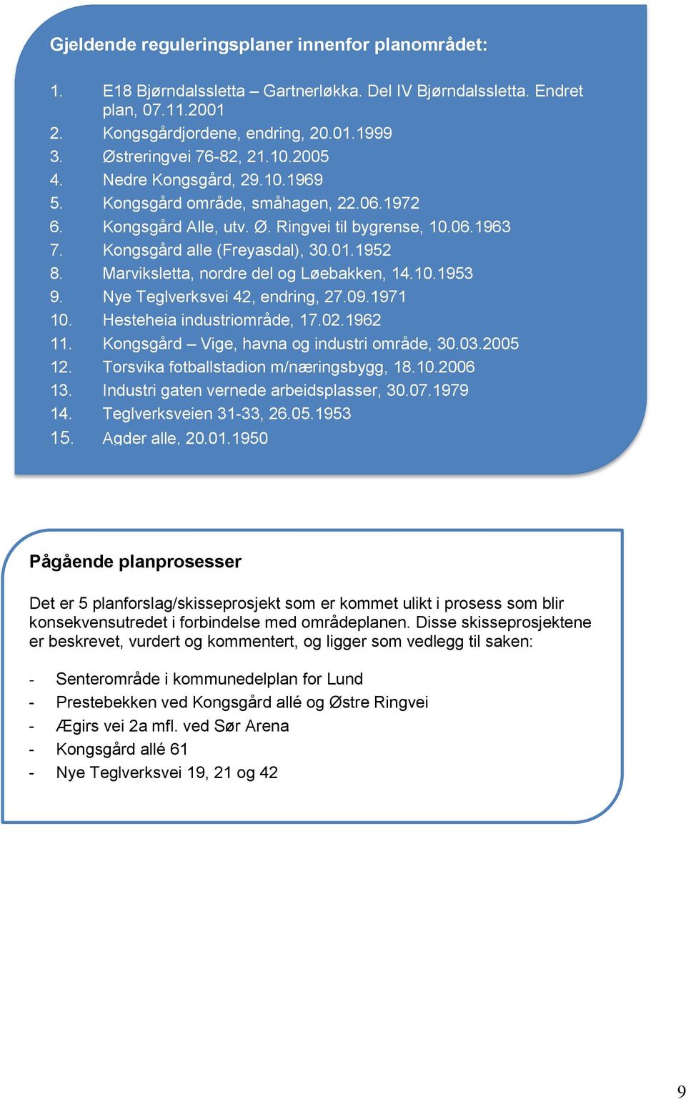 01.1952 8. Marviksletta, nordre del og Løebakken, 14.10.1953 9. Nye Teglverksvei 42, endring, 27.09.1971 10. Hesteheia industriområde, 17.02.1962 11. Kongsgård Vige, havna og industri område, 30.03.