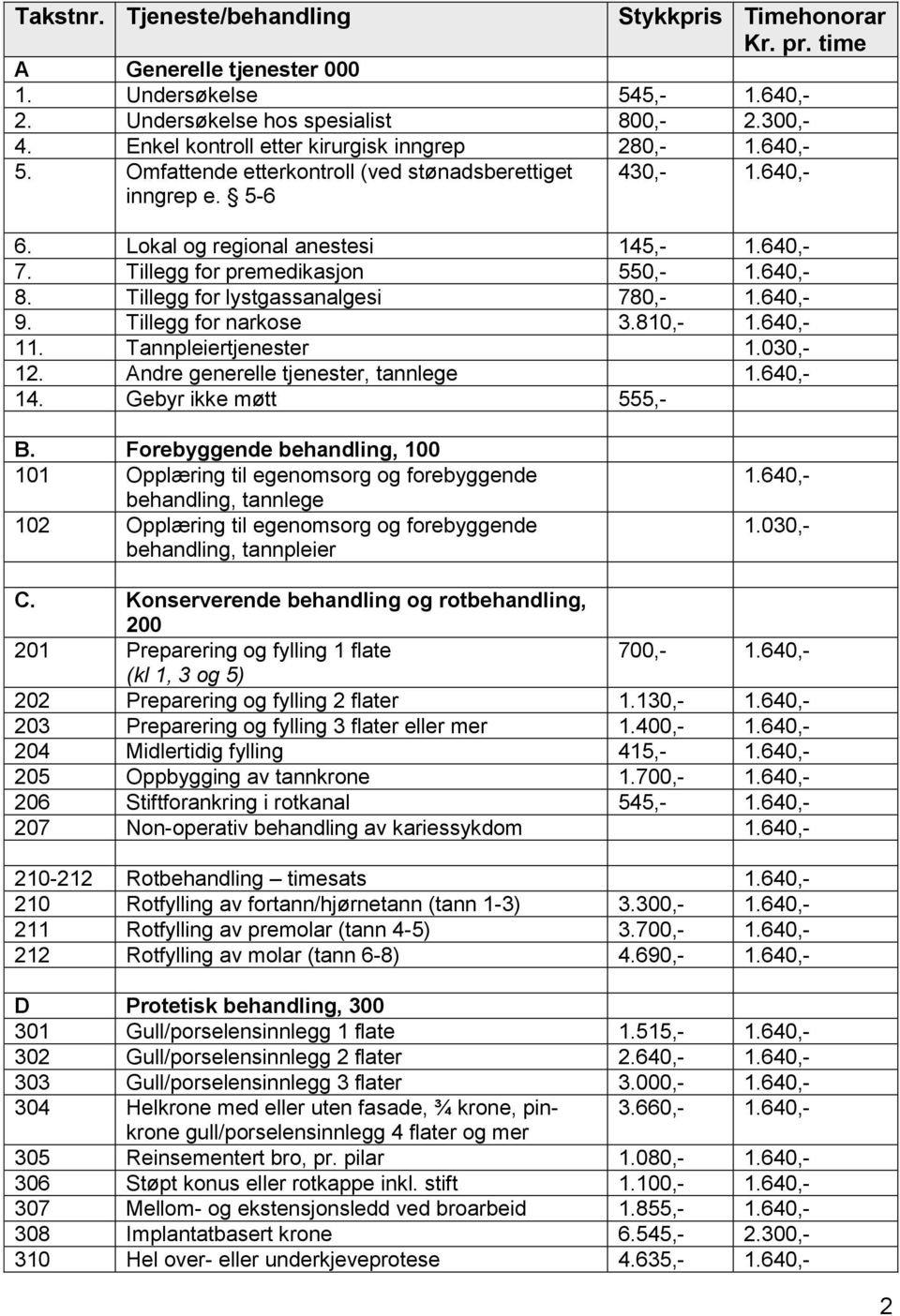 Tillegg for premedikasjon 550,- 1.640,- 8. Tillegg for lystgassanalgesi 780,- 1.640,- 9. Tillegg for narkose 3.810,- 1.640,- 11. Tannpleiertjenester 1.030,- 12. Andre generelle tjenester, tannlege 1.