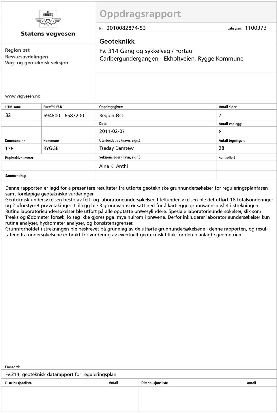 no UTM-sone Euref89 Ø-N 32 594800-6587200 Oppdragsgiver: Antall sider: Region Øst 7 Dato: Antall vedlegg: 2011-02-07 8 Kommune nr. 136 Kommune RYGGE Utarbeidet av (navn, sign.