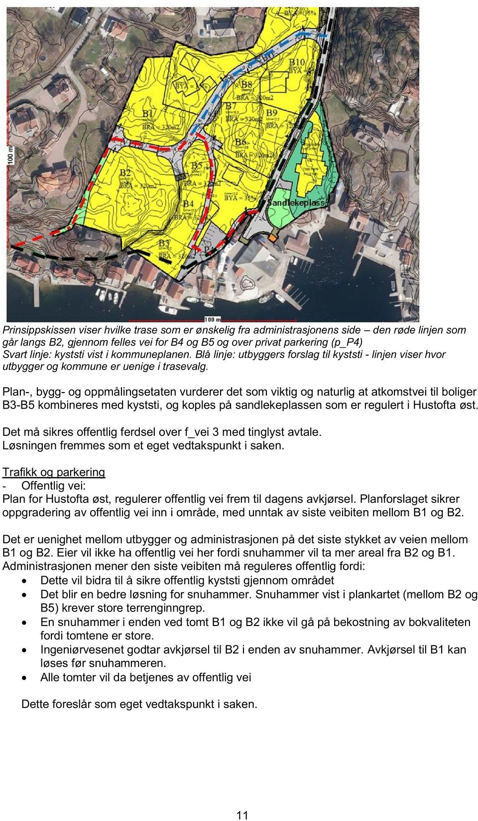 Plan-, bygg- og oppmålingsetaten vurderer det som viktig og naturlig at atkomstvei til boliger B3-B5 kombineres med kyststi, og koples på sandlekeplassen som er regulert i Hustofta øst.