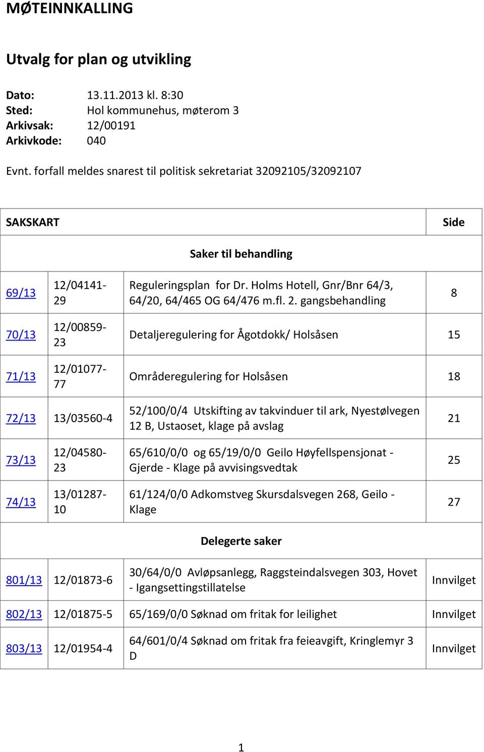 2. gangsbehandling 8 70/13 71/13 12/00859-23 12/01077-77 Detaljeregulering for Ågotdokk/ Holsåsen 15 Områderegulering for Holsåsen 18 72/13 13/03560-4 52/100/0/4 Utskifting av takvinduer til ark,