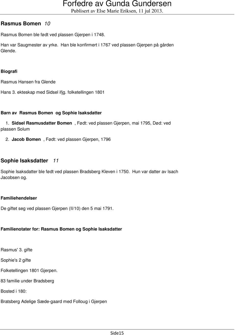 Jacob Bomen, Født: ved plassen Gjerpen, 1796 Sophie Isaksdatter 11 Sophie Isaksdatter ble født ved plassen Bradsberg Kleven i 1750. Hun var datter av Isach Jacobsen og.