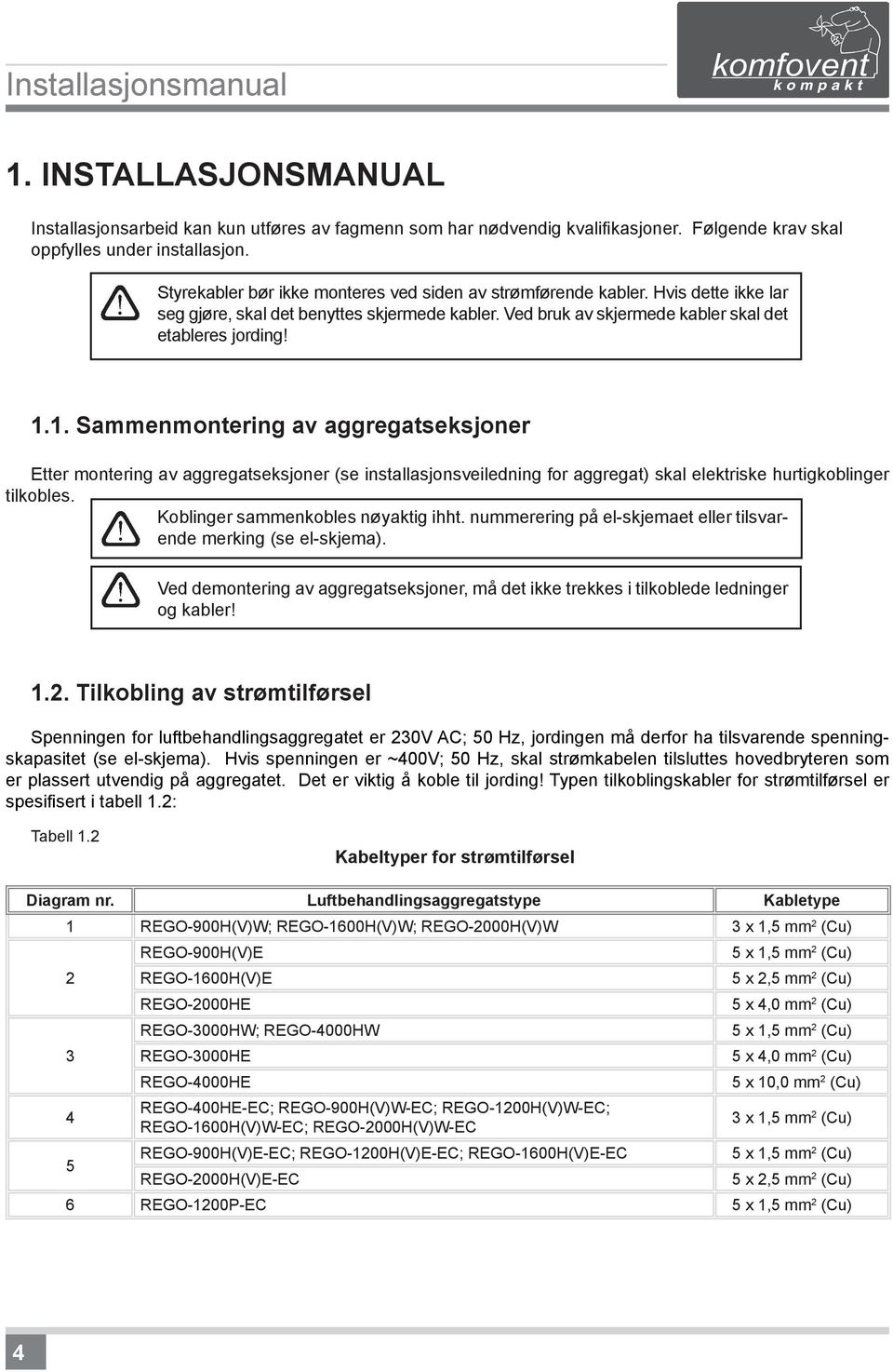 1. Sammenmontering av aggregatseksjoner Etter montering av aggregatseksjoner (se installasjonsveiledning for aggregat) skal elektriske hurtigkoblinger tilkobles. Koblinger sammenkobles nøyaktig ihht.