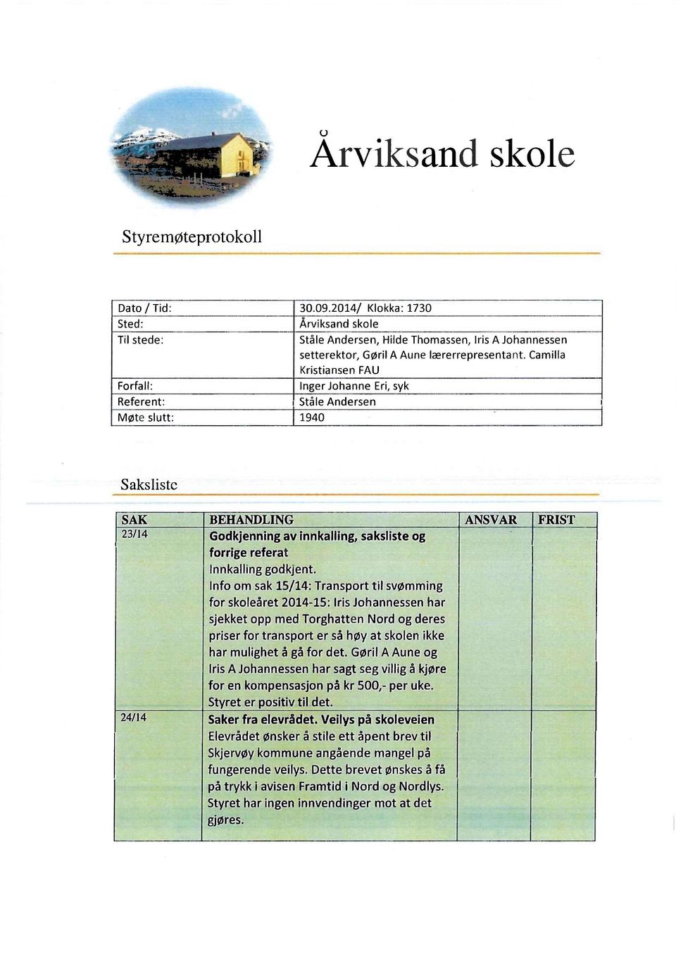 Camilla Kristiansen FAU Forfall: lngerjohanne Eri, syk Referent: Ståle Andersen Møte slutt: 1940 Saksliste SAK BEHANDLING ANSVAR F RIST 23/14 Godkjenning av innkalling, saksliste og ` forrige referat