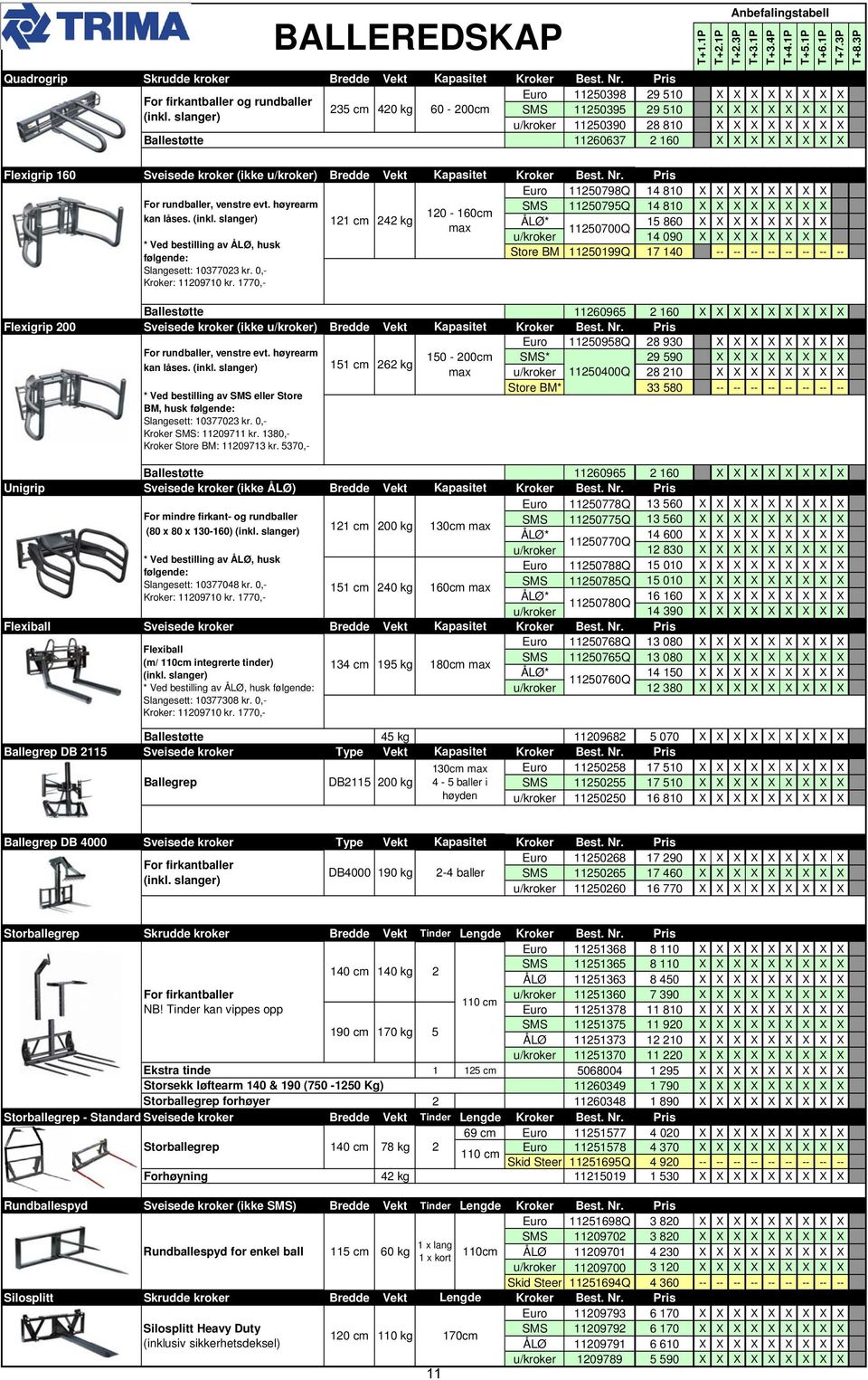 slanger) u/kroker 11250390 28 810 Ballestøtte 11260637 2 160 Flexigrip 160 Sveisede kroker (ikke u/kroker) Bredde Vekt Kapasitet Kroker Best. Nr. Pris For rundballer, venstre evt. høyrearm kan låses.