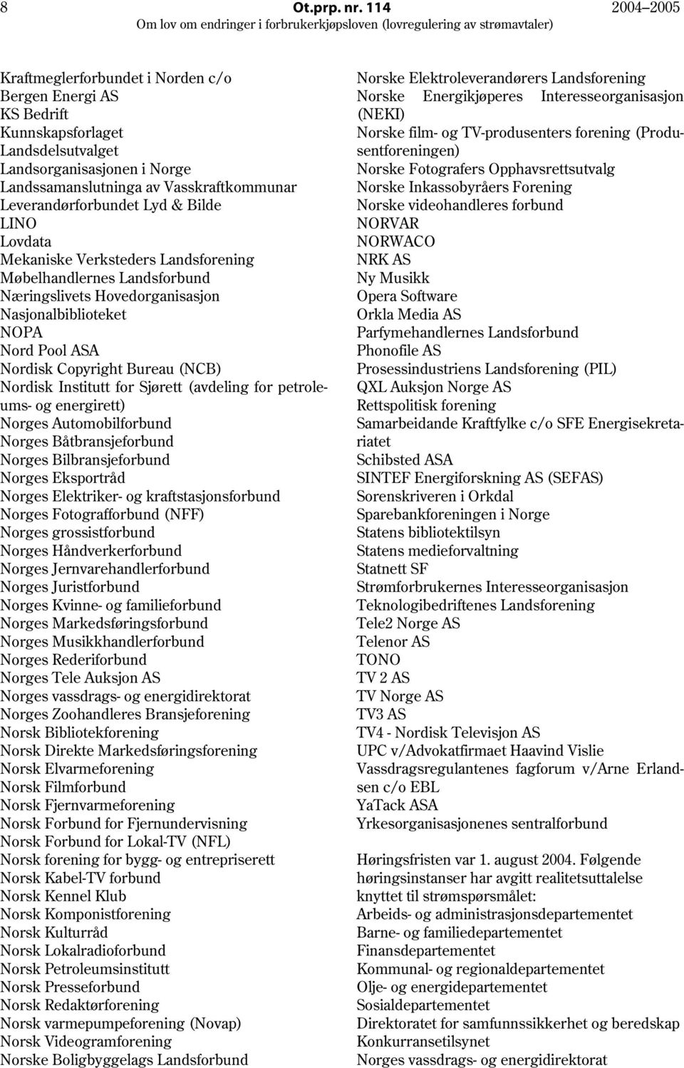 Leverandørforbundet Lyd & Bilde LINO Lovdata Mekaniske Verksteders Landsforening Møbelhandlernes Landsforbund Næringslivets Hovedorganisasjon Nasjonalbiblioteket NOPA Nord Pool ASA Nordisk Copyright