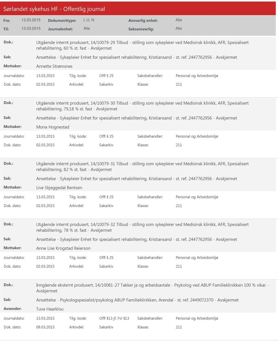 2015 Arkivdel: Sakarkiv tgående internt produsert, 14/10079-30 Tilbud - stilling som sykepleier ved Medisinsk klinikk, AFR, Spesialisert rehabilitering, 79,18 % st.